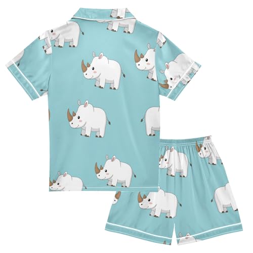 Satin Pajama Sets Short Sleeve Cute Rhino and Cupcakes Button Down Silky Nightwear 2 Piece PJS 5-14Y2