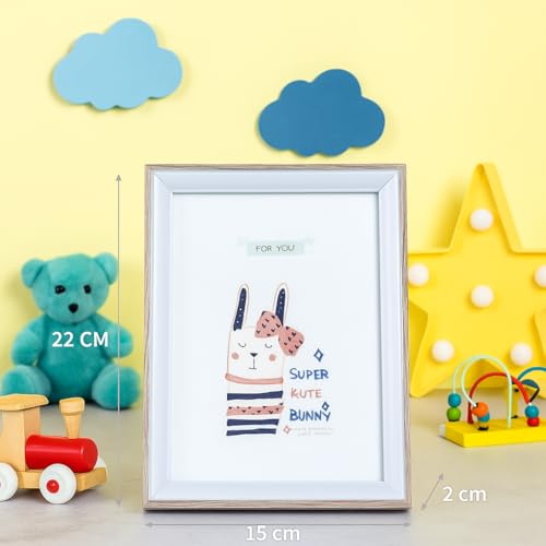 Image of Decorative Wooden Photo Frame 4x6, Blue & Natural Frame for Kids Room, Cute Bunny Illustration Picture Frame, 20cm x 15cm, Tabletop & Wall Display