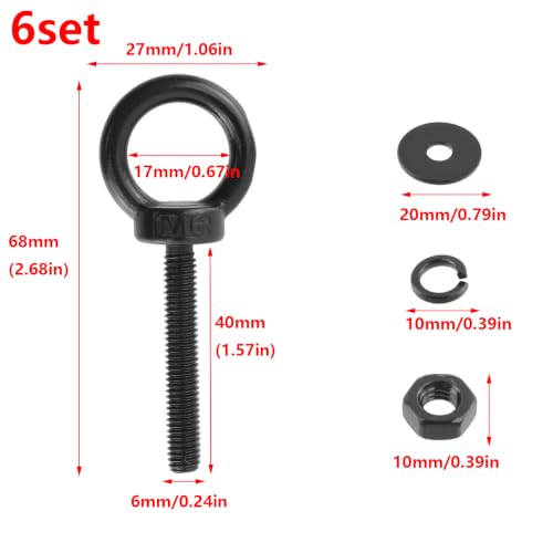Image of Antrader Lifting Shoulder Eye Bolts,M6 Eye Bolt,M6 x 40mm,Black,6 Sets | Stainless Steel Eyebolts with Lock Nuts,Lock Washers,Flat Washers