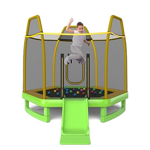 GYMAX Trampoline for Kids, ASTM Approved 7FT Trampoline with Slide, Ladder, Ocean Balls & Mats, Small Indoor/Outdoor Toddler Recreational Trampoline with Enclosure Net, Backyard Trampoline (Green)
