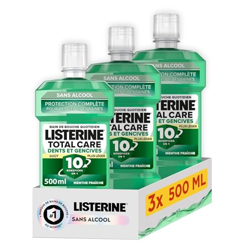 Listerine – Bain de Bouche Protection Dents et Gencives Goût Plus Léger 0% alcool (lot de 3 bouteilles de 500 ml) – Soin bucco-dentaire quotidien –...