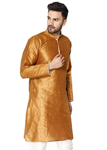 Image of Men's Art Silk Woven Design Long Kurta Mandarin Collar Straight Shirt