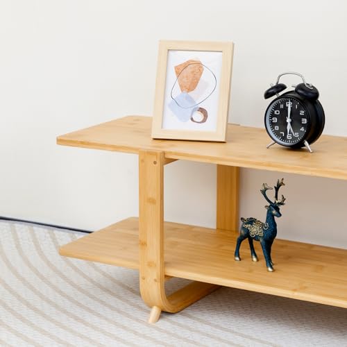 HollyHOME Bamboo TV Stand with Storage for TVs up to 65'', Modern Entertainment Center with 2 Open Shelf, Accent TV Media Console Table for Living Room, Bedroom, 55"(L), Burlywood - Thumbnail 4