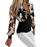 Damen Mode V-Ausschnitt Gedruckt Langarm T-Shirt Elegant Spitze Patchwork Casual Bluse Top, khaki, L