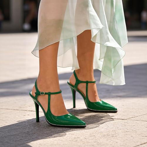 Image of SAMMITOP Womens High Heels Ankle Strap Pointed Toe Stilettos Patent Leather Beaded Pumps Dress Shoes 3.5 Inch
