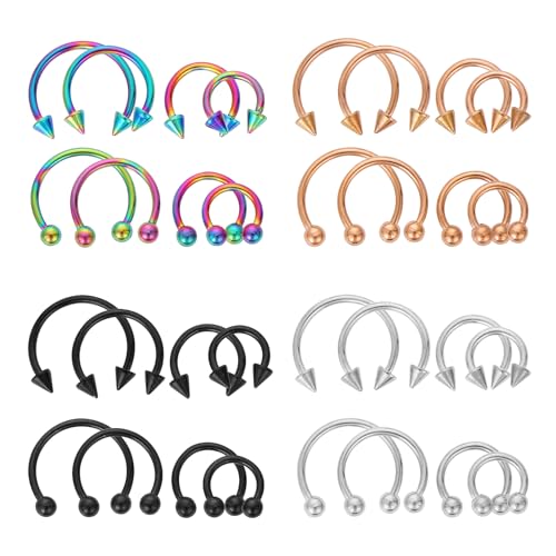 Lusofie 32PCS Stainless Steel Nose Ring Septum Piercing Jewellery Horseshoe Rings Earring Eyebrow Earring Hoop Lip Horseshoe Piercing for Women Men