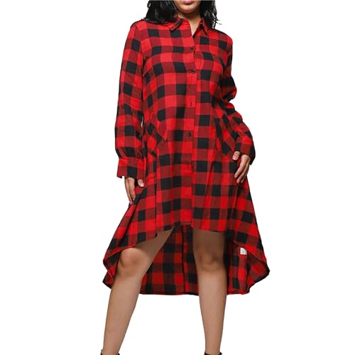 Womens Plaids V Neck Long Sleeve Dress Irregular Hem Button Casual Shirt Dress Fashion Printing Shirt Dress Pocket (Medium,Red)