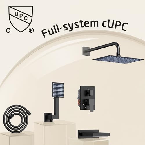 KES Black Bathtub Shower Faucet Set with 12\" Rectangle Rain Shower Head, Shower System with 3-Modes Handheld Spray and Waterfall Tub Spout, cUPC Anti-Scald Valve included, XB6336S12-BK - Thumbnail 6