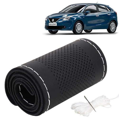Image of KINGSWAY PU Leatherite Car Steering Cover Sewable Compatible with Maruti Suzuki Baleno (Year 2015-2018), Black Color with Silver Thread, Pack of 1 with Sewing Needle and Thread