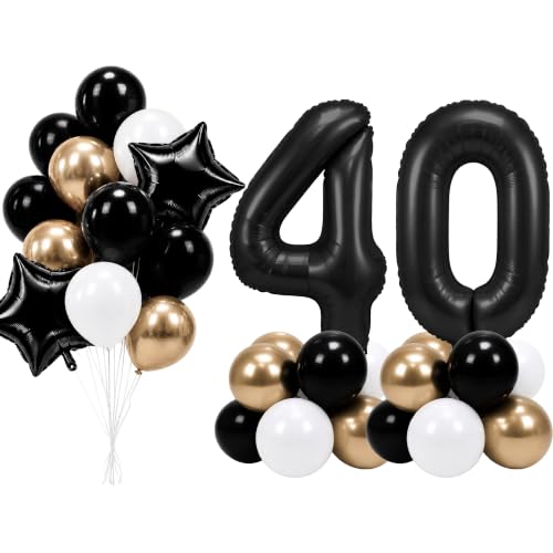 Image of PartyWoo Black Number 40 Balloon 40 Inch 25pcs Black Foil Star White Gold