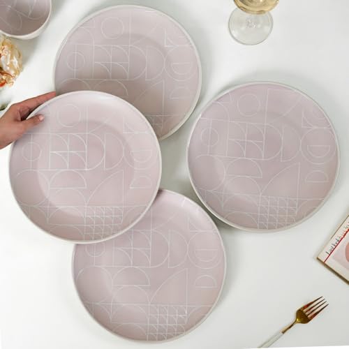 Image of Nestasia Ceramic Set of 4 Dinner Plates (10 Inch Each) - Microwave & Dishwasher Safe Full Plates with Geometric Pattern - Perfect for Home, Kitchen, Dining & Gifting (Mauve Matte Finish)