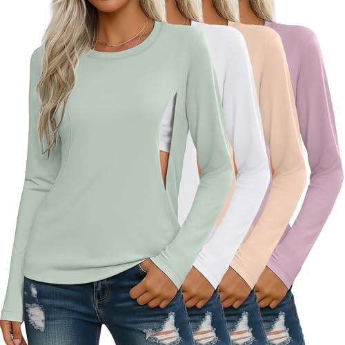 Sweetyweee 4 Pack Women's Nursing Breastfeeding Tops, Long Sleeve Maternity Shirts Loose Fit Hidden Zipper Pregnancy Clothes(Mint Green, Light Yellow, White, Light Purple,X-Large)
