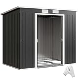 Outsunny Caseta de Jardín Exterior 2,4 m², 213x130x172 cm, Cobertizo de Jardín Exterior Metálico con Puerta Corredera, Techo Inclinado, Base Refuerzo (Suelo NO Incluido) y 2 Ventanas, Gris Oscuro