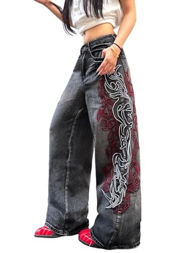 OYICAI Women's Baggy Jeans Embroidered Wide Leg Jeans Y2k Hip Hop Loose Fit Denim Pants Skater Oversized Streetwear Retro Casual 2000s Extreme Motion Jinco Fashion Relaxed,E50 Black,X-Large