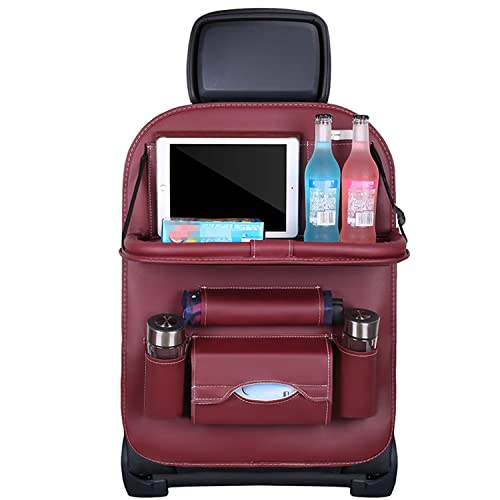 BWGHBH Car Seat Back Organizer with Foldable Table Tray PU Leather Storage Organizer with Pockets Kick Mats Seat Protectors Interior Accessories For Men Women Travel 1PCS Wine Red
