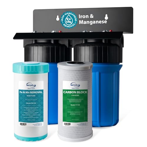 iSpring WGB21BM 2-Stage Whole House Water Filtration System, 10” x 4.5” Carbon Block and Iron & Manganese Reducing Filters, 1' Ports