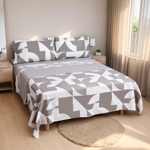Etrexonline Conjunto de Sábanas 4 Piezas Cama 135 cm   Microfibra Ultra Suave Incluye 1 Bajera 135x200+28 cm, 1 Encimera 210x270 cm, y 2 Fundas de Almohada 50x75 cm   Color Blanco y Gris