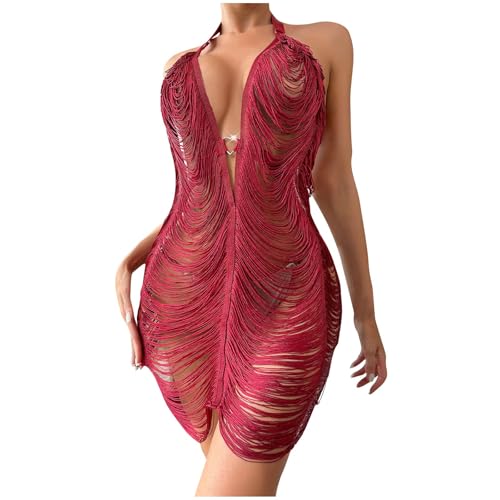 Women Sexy Halter See Through Dress Beach Swimsuit Cover Up Swimwear Sheer Tassel Dresses Nightclub Bodycon Lingerie