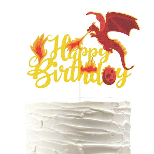PHOHUI HAVE A NICE TIME Dragon Happy Birthday Cake Topper,Red Glitter Wild Dragon Cake Pick,Wild Dragon Cake Decoration for Dragon Theme Birthday Party Cake Decoration.
