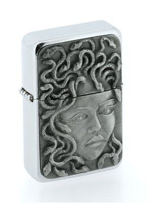 AJinTheForest Trading Ltd Star Chrome Lighter with an English Pewter Emblem, MEDUSA, EXCLUSIVE to AJF, Personalised Engraved Free