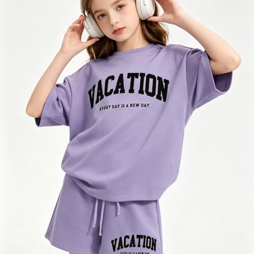 Image of Size 6-12 Years Girl's Tracksuit Sets 2 Piece Outfits Letter Print Vacation Tee Top and Drawstring Waist Shorts