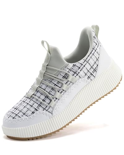 Kyedoo Women's Platform Chunky Sneakers Comfortable Casual Fashion Braided City Travel Walking Shoes Sport Tennis, White Grey Plaid 38.5
