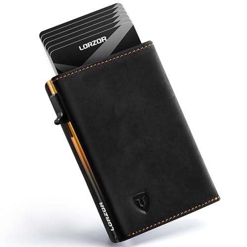 LORZOR Minimalist Wallet for Men with Credit Card Holder, Finest Full Grain Leather, Pop up Smart Wallet, Trifold Slim Wallet, RFID Blocking, Front Pocket, ID Window (Black/Yellow Black)