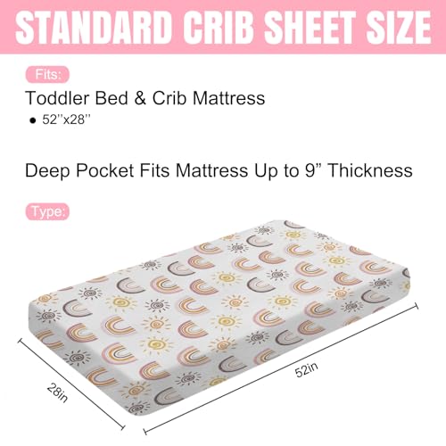 Image of Boho Sunshine Rainbow Baby Crib Sheets 52''x28'' Colorful Rainbow Sun Stretchy Fitted Crib Mattress Cover for Boy Girl Soft Baby Nursery Bed Sheet for Standard Crib and Toddler Mattresses