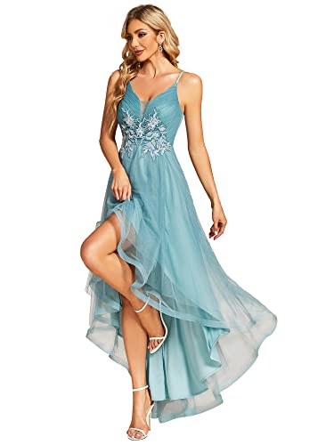 Ever-Pretty Vestido de Dama de Honor Escote en V Tul sin Elasticidad Alto Bajo Apliques Largo para Mujer Elegantes Azul Polvoriento 42