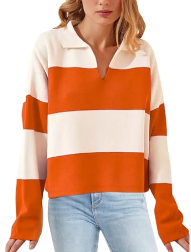 Image of LifeShe Striped Sweater Women V Neck Long Sleeve Pullover Fall Sweaters Loose Oversized Knit Top