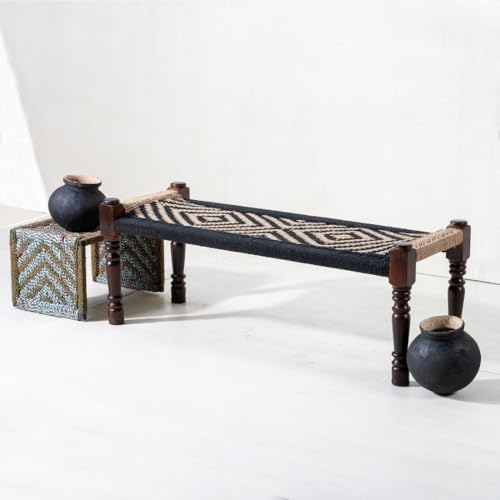 Image of Wooden Bench for Seating | Handcrafted Sheesham Wood Bench for Living Room, Balcony & Garden | Traditional Patio for Outdoor with Cotton and Jute Handwoven Rope | Black and Jute