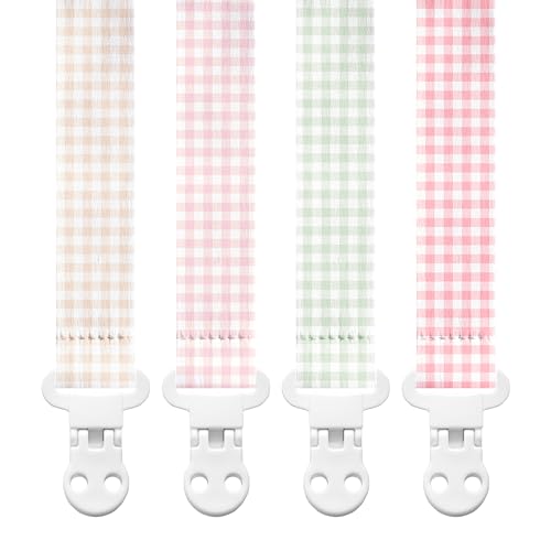 Image of Stadela Baby Fabric Pacifier Clip Holder, Plastic Clip, 4‑Pack, Gingham Pattern, Cottagecore Set
