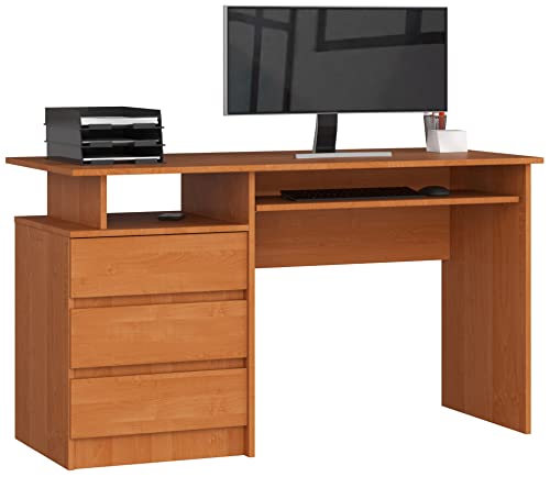 AKORD PC-Schreibtisch CLP 135 mit Tastaturablage | Office Desk | Computertisch | Bürotisch | 3 Schubladen, 1 Ablagefach, B135 x H77 x T60 cm, 45 kg | Erle