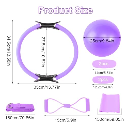 Zestaw do pilatesu do domu, podstawowy zestaw do pilatesu dla kobiet z piłką do pilatesu 25 cm, pierścień do pilatesu, pasek do jogi, 2 taśmy oporowe do pilatesu, zestaw akcesoriów do pilatesu, domowy