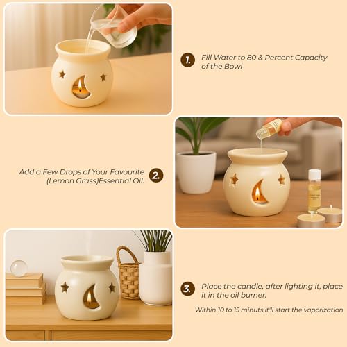 Image of Floryn Decor Ceramic Oil Diffuser Set with 5ml Essential Oil & 2 Tealight Candles | Aromatherapy Burner for Home Bedroom, Spa & Office | Relaxing Fragrance, Compact Size -Gift Pack Cream