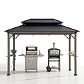 Sunjoy Wooden Grill Gazebo, 8 x 12 ft. Steel Hardtop Outdoor Gazebo for Year-Round Grilling, 2 Full Size Grills, Griddles or Smokers - Cook Station, Barbeque, Built-in Electrical Outlets, Brown