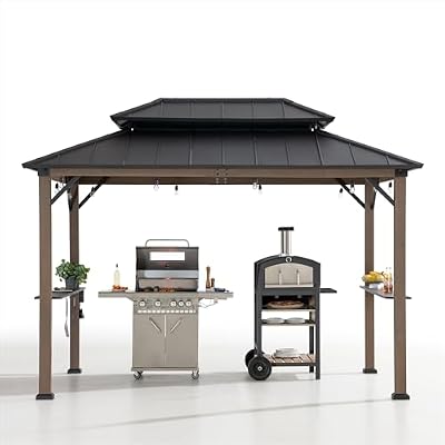 Sunjoy Wooden Grill Gazebo, 8 x 12 ft. Steel Hardtop Outdoor Gazebo for Year-Round Grilling, 2 Full Size Grills, Griddles or Smokers - Cook Station, Barbeque, Built-in Electrical Outlets, Brown