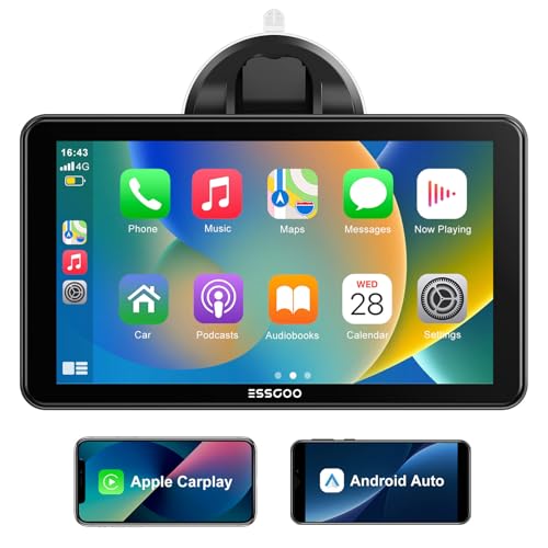 ESSGOO 7 Inch Wireless CarPlay & Android Auto Display, HD IPS Touchscreen with Mirror Link, Bluetooth Hands-Free Calling, Siri & G-oogle Assistant Support – Compatible with Various Vehicle Models