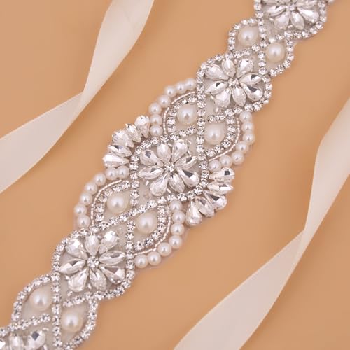 Wedding Belt Pearl Crystal Sash Handmade Beaded Belt,Rhinestone Sash for Wedding Formal Evening Dress Accessories4