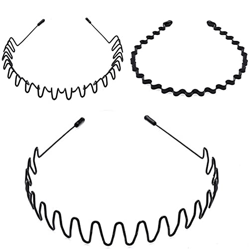 3Pcs Unisex Wavy Headband Metal Hair Band for Men Women's Hair Hoop Clips, MH MOIHSING Elastic Non Slip Wide Headbands Ordinary Headwear Bandeau Hair Accessories for Women and Men