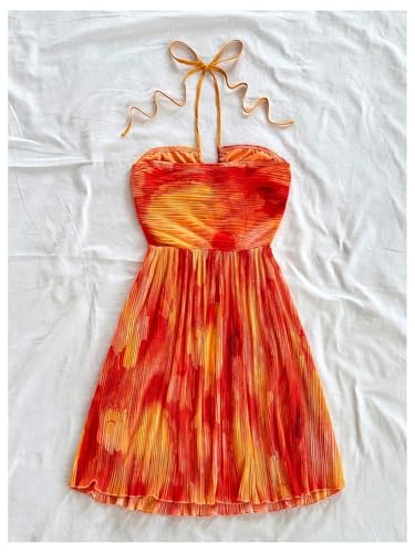 Floerns Women's Tie Dye A Line Flowy Halter Mini Dress Sleeveless Ruched Flare Hem Sundresses2