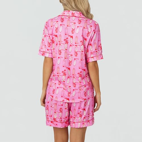 Image of Yiulangde Cowboys Boot Pajamas for Women Y2k 2 Piece Heart Bow Preppy Pjs Coquette Short Sleeve Shirts Matching Pj Shorts Set