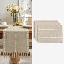 Wracra Homes Value Pack - Coffee Hemstitch Table Runner and Placemat Set; Cotton Linen Farmhouse Table Runner 13 x 48 in and 4 Placemat 12 x 18Inch; 5 pcs in Total