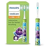 Philips Sonicare For Kids - Spazzolino elettrico sonico con app, studiato per bambini dai 3 anni in su, con SmarTimer e QuadPacer per una pulizia profonda, verde, modello HX6352/11