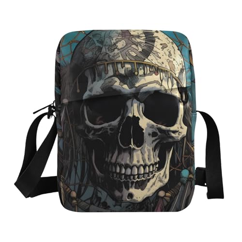 Crossbody Sling Bag for Women Men, Zipper Closure Messenger Bags Skull Dreamcatcher Print with Card Phone Passport Compartment 6.6×9.4×2.5 IN