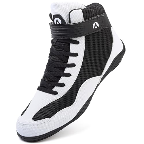 DimaiGlobal Men's Wrestling Shoe Fitness Sneaker Boxing Shoes Zero Drop Sole High Top Fighting Shoes Taekwondo Karate Martial Arts Training Shoes Black/White
