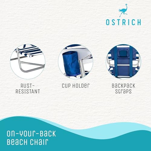 Ostrich Ladies Comfort Sunbathing Chaise Lounge Reclining Beach Chair and On-Your-Back Outdoor 5-Position Recline Beach Chair, Striped Blue