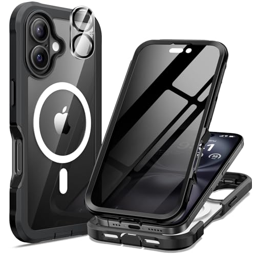 seacosmo for iPhone 16 Case, Full Body Bumper with Built-in 9H Tempered Glass Privacy Screen Protector and Camera Lens Protector, Compatible with MagSafe, Shockproof Phone Cover, 6.1", Black
