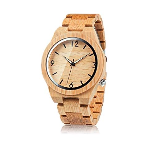BOBO BIRD D27 Men's Bamboo Wooden Watch Numeral Scale Large Face Quartz Watch Lightweight Casual Sports Watches with Luminous Night Silver Pointer Gift Box Cover