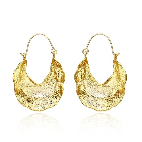 Fulani Basket Gold Round Earrings for Women Boho Statement Classic Texture Irregular Hollow Shield Shaped Chunky Large Dangle Drop Earrings for Her Wife Mom Sister Friend Fashionable Jewelry Accessories